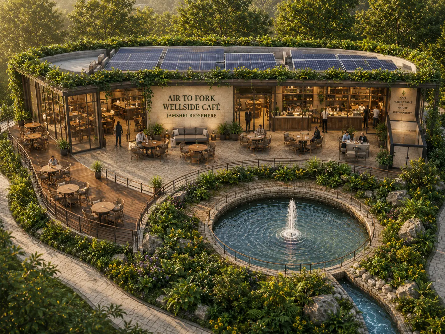 Concept render exploring a proposed air-to-fork cafe beside a landscaped water feature