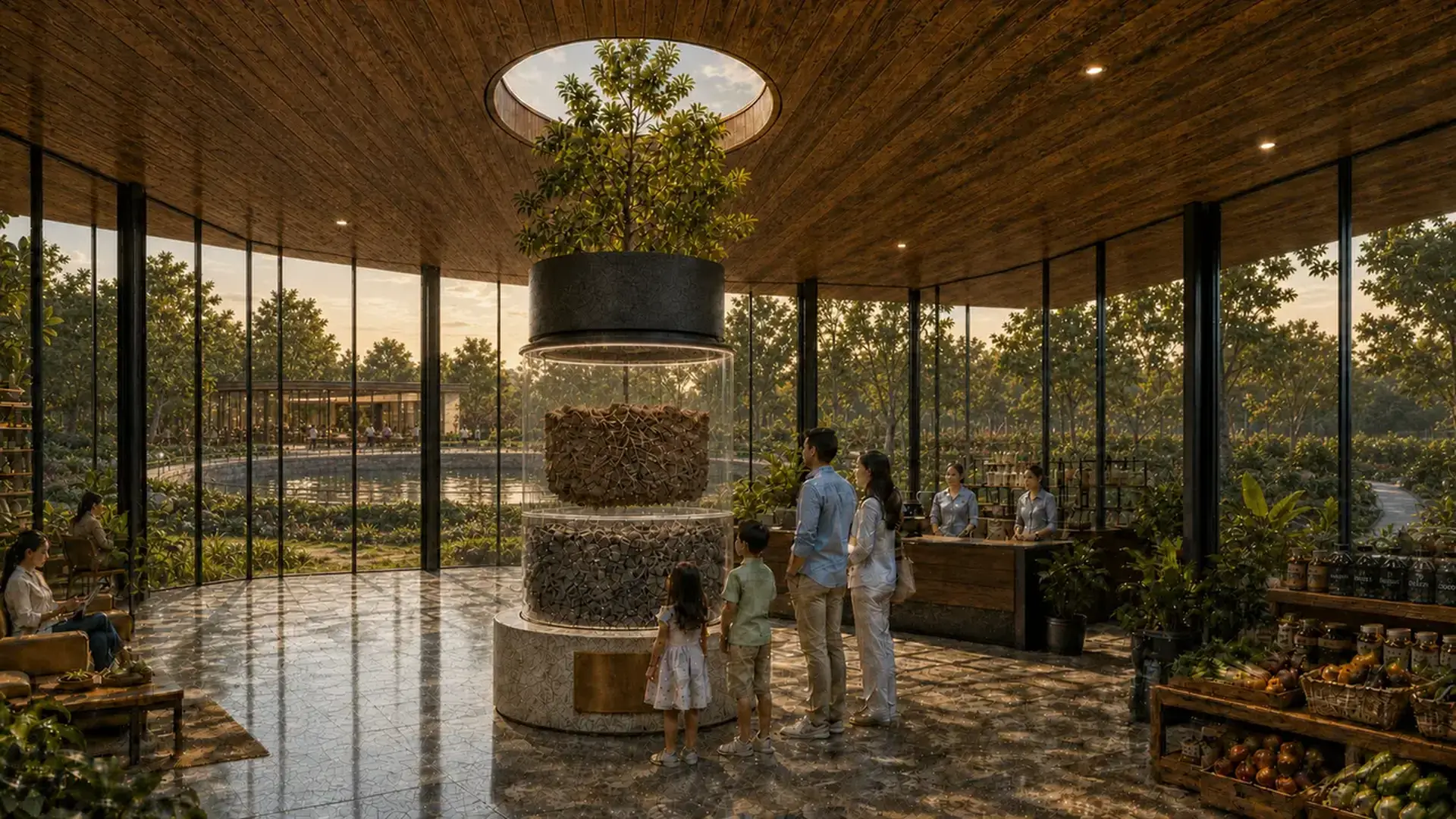 Concept render of the proposed Biosphere entry lounge with visitors gathered around a central column displaying layers of the site’s industrial ground