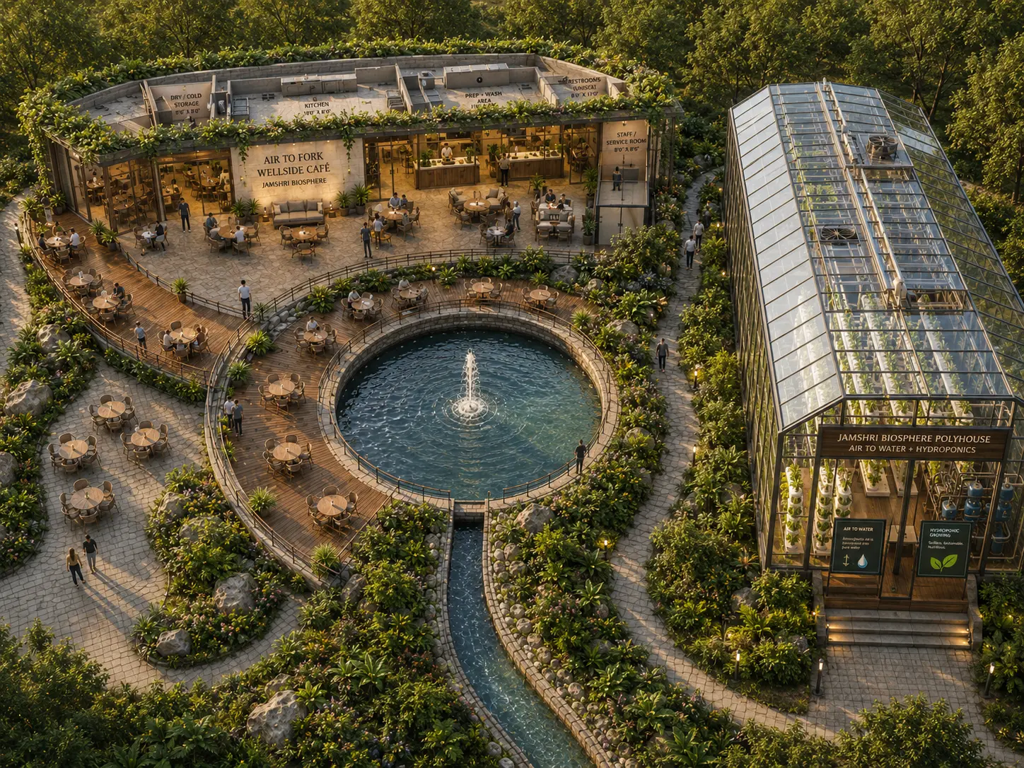 Concept render exploring a proposed Biosphere landscape linking a heritage well, cafe and polyhouse
