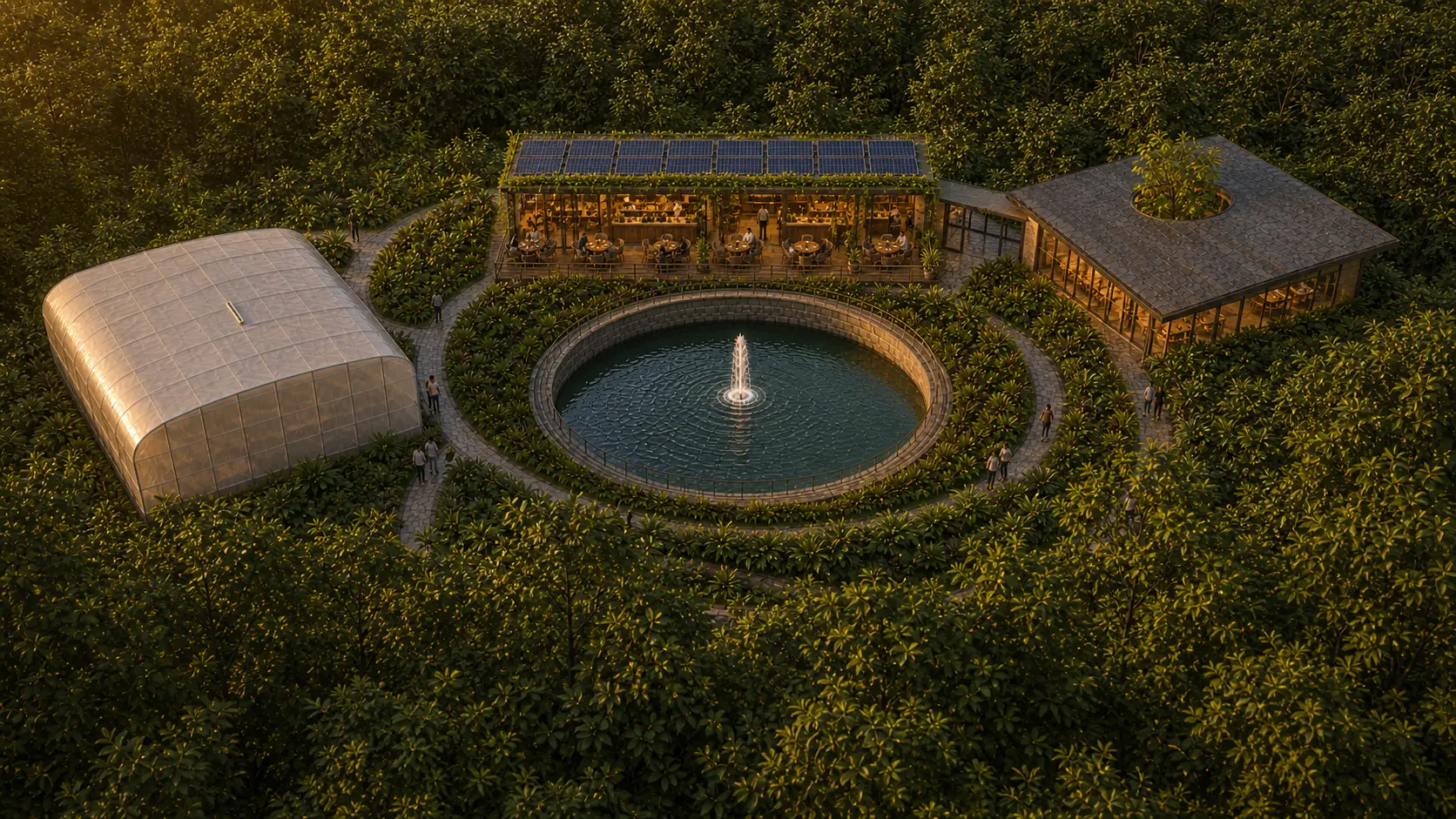 Concept render of a proposed landscaped well, café and polyhouse within the Biosphere planning vision