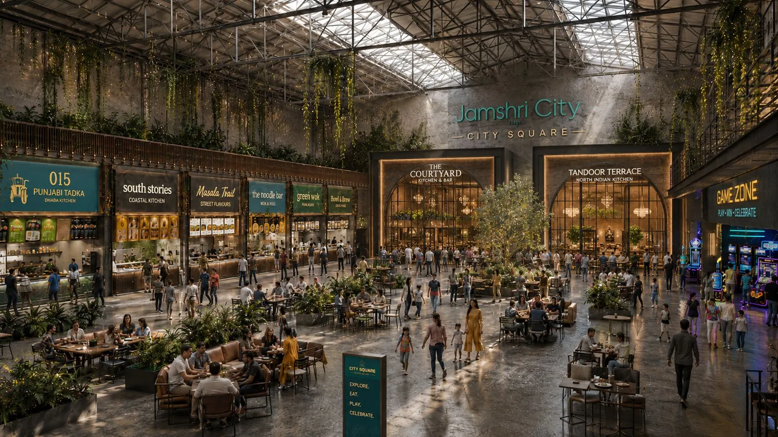 Concept render of City Square as a landscaped dining and entertainment atrium beneath the retained industrial roof