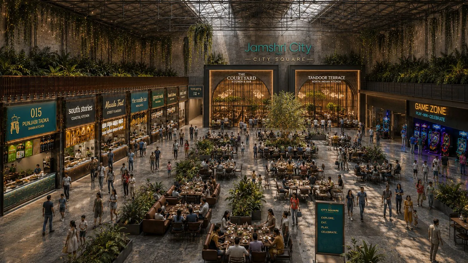 Concept render showing the proposed City Square atrium with dining, planting and family entertainment