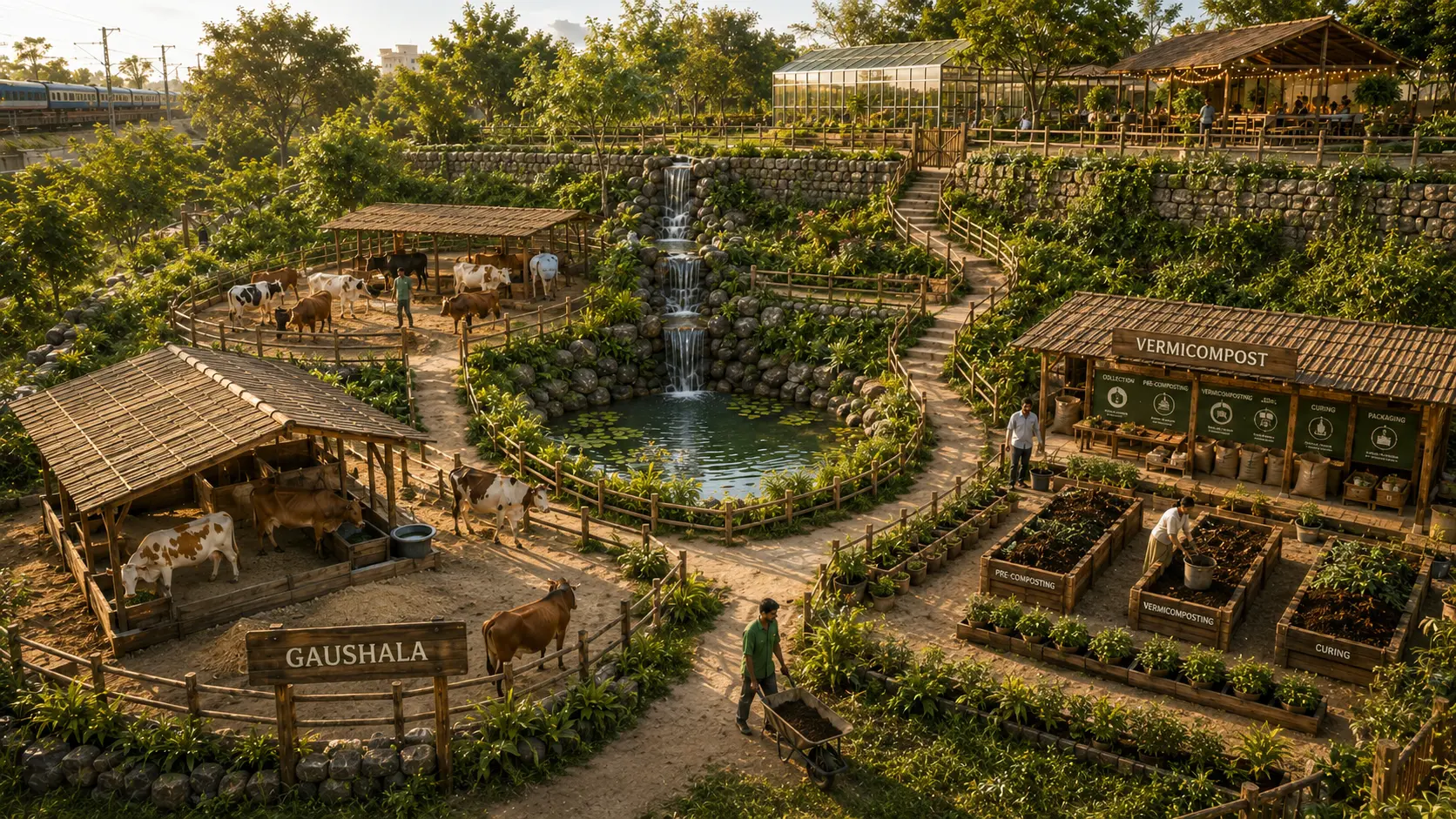 Concept render of a possible later Biosphere landscape with compost beds, animal-care areas and a water body