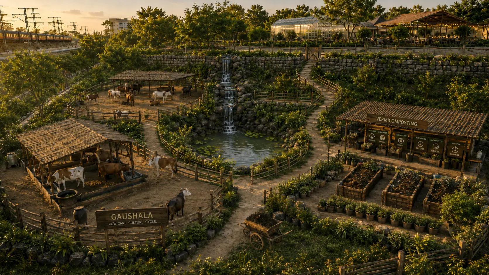 Concept render exploring a proposed gaushala, vermicomposting area and cultivated landscape