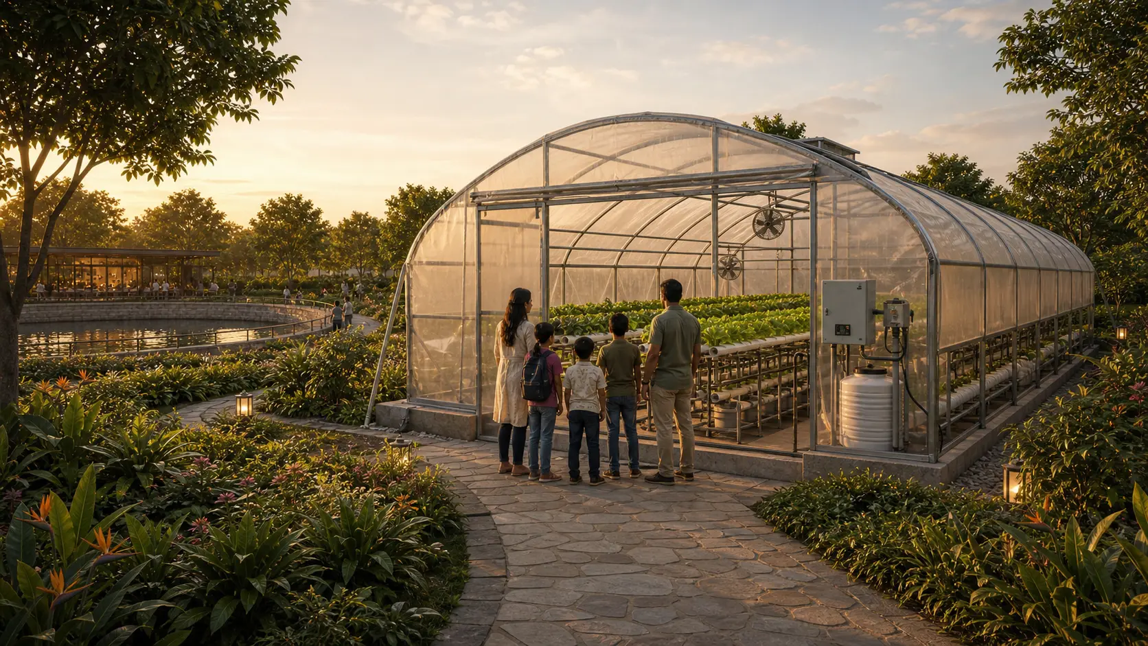 Concept render of the proposed Biosphere polyhouse beside the well, with visitors viewing crops and water equipment